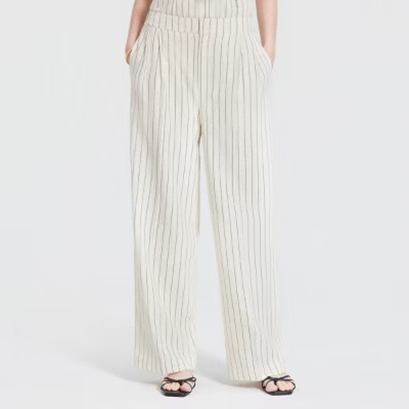 A New Day Cream Striped Linen Blend Straight Leg Trousers